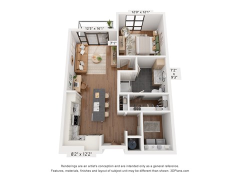 Floor plan for 1 bed, 1 bath, 767 sqft